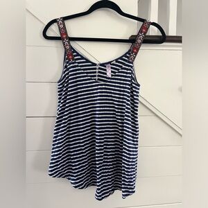 Blue and White Stripped Top with Floral Straps (S)